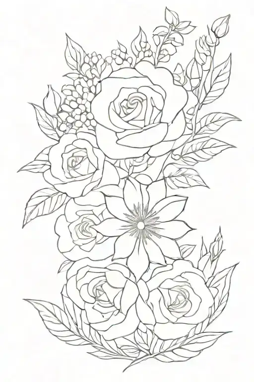 família with rose, larkspur and aster bouquet tattoo design idea