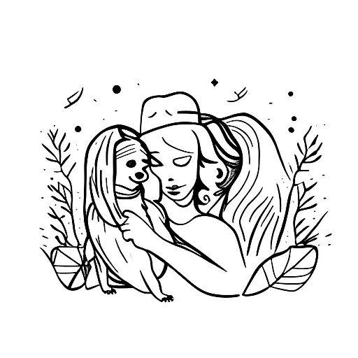 a rustic cabin, sexy woman in front, with small dog tattoo design idea