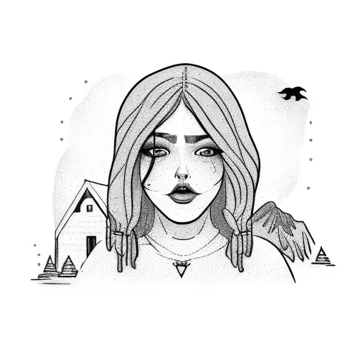 a rustic cabin, sexy woman in front, with small dog tattoo design idea