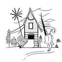 a rustic cabin, sexy woman in front, with small dog tattoo design idea