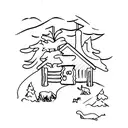 a rustic cabin, sexy woman in front, with small dog tattoo design idea