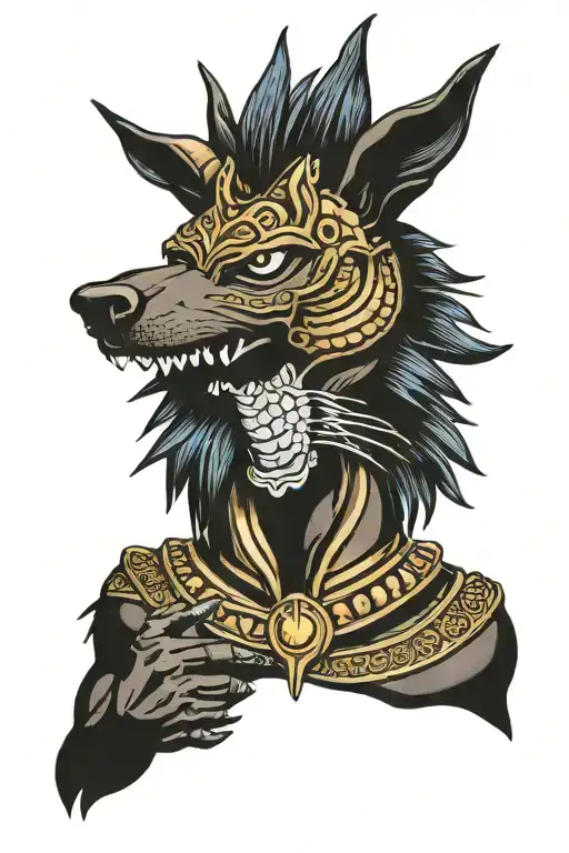 Grinning Anubis with scales in his hand, on which the heart and brain tattoo design idea