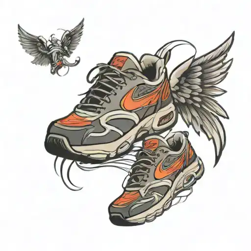 running shoe with wings and a g in the laces wrapped tattoo design idea