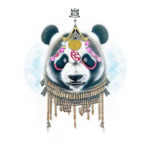 female warrior wearing a panda head as a crown tattoo design idea