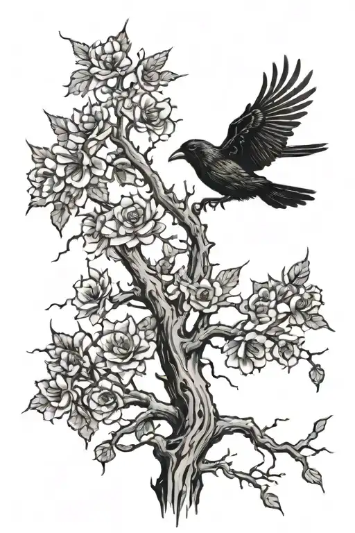 a dead tree or flower with a crow flying above it  tattoo design idea