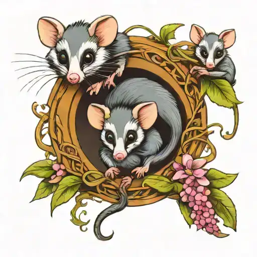 One adult possum, 2 baby possums tattoo design idea