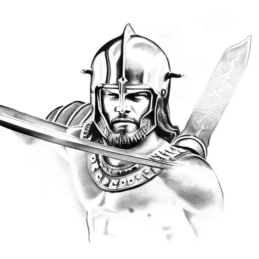 kneeling spartan with sword that says "brothers but bound by mud" with cross shadow infont tattoo design idea