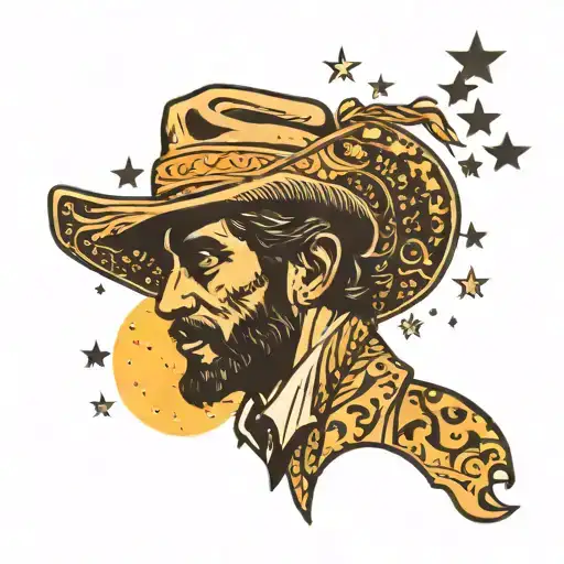 Siluet man in 70s raincout and hat,  walk under stars tattoo design idea
