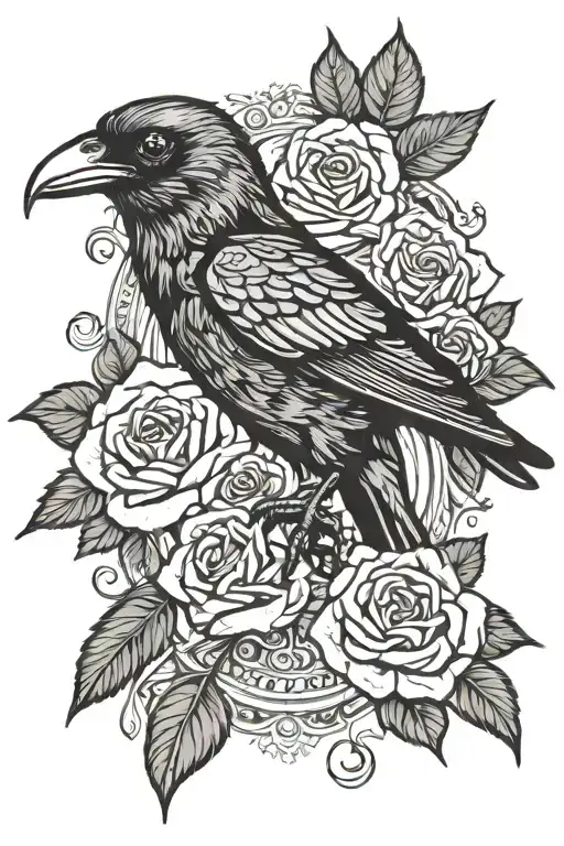 small black raven cameo in the center of bright-colored roses and lace, a small dna inifinity symbol by the cameo tattoo design idea