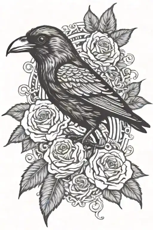 small black raven cameo in the center of bright-colored roses and lace, a small dna inifinity symbol by the cameo tattoo design idea