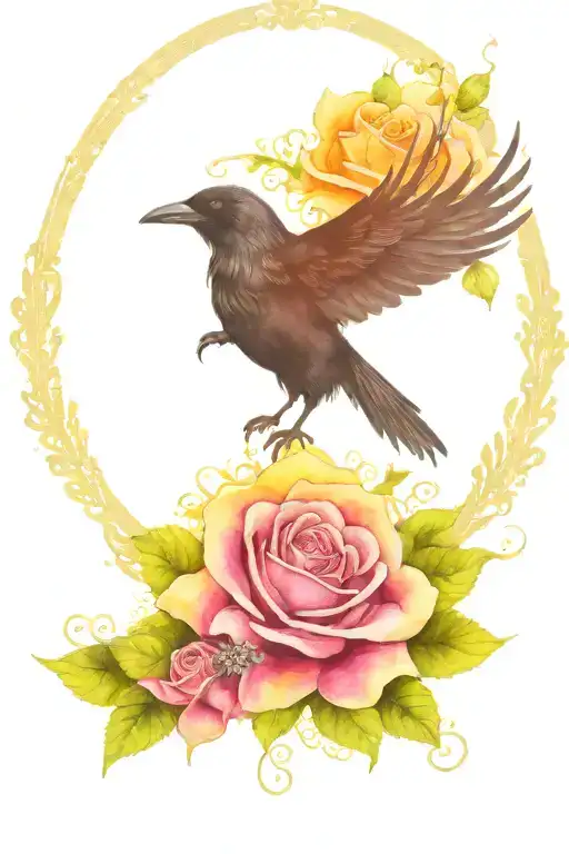 small black raven cameo in the center of bright-colored roses and lace, a small dna inifinity symbol by the cameo tattoo design idea