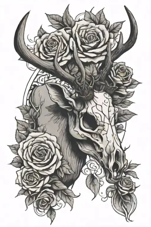 elk skull with antlers and roses growing tattoo design idea