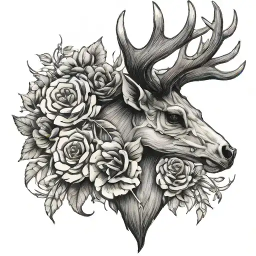 elk skull with antlers and flowers intertwined tattoo design idea