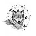 A dotwork tattoo of a wolf howling at the moon with a small circle of stars around it, symbolizing loyalty and connection to the night sky tattoo design idea