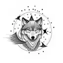 A dotwork tattoo of a wolf howling at the moon with a small circle of stars around it, symbolizing loyalty and connection to the night sky tattoo design idea