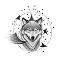 A dotwork tattoo of a wolf howling at the moon with a small circle of stars around it, symbolizing loyalty and connection to the night sky tattoo design idea