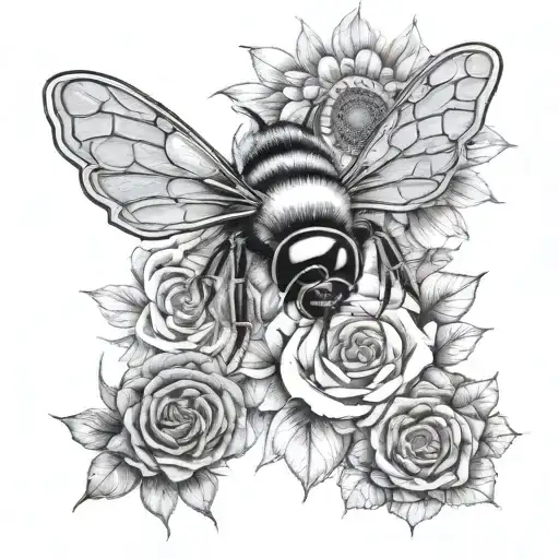 one bee with honey comb with a rose with a sunflower with a Saturn with a moon with a sun and an evil eye tattoo design idea