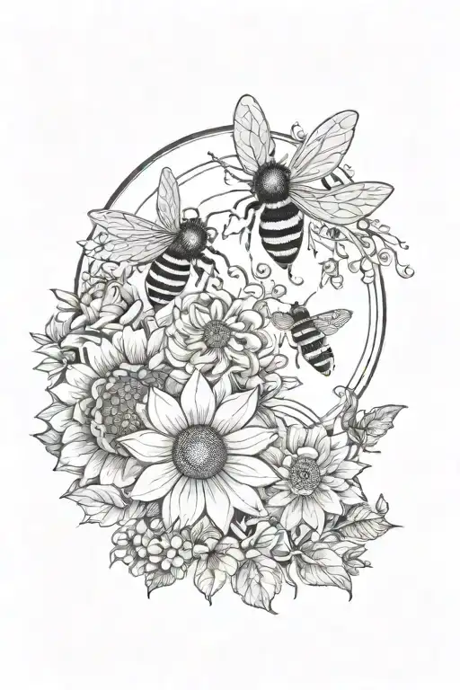 leg tattoo featuring a bee a rose a sunflower a moon and sun and a honey combs  tattoo design idea