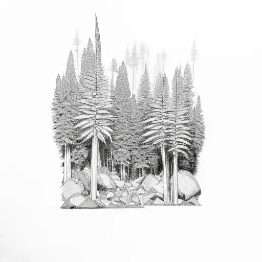 A realistic depiction of Yosemite mountains with cannabis plants growing amidst the scenery tattoo design idea