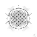 A geometric design incorporating musical notes and symbols intertwined with binary code, representing the fusion of music and technology tattoo design idea