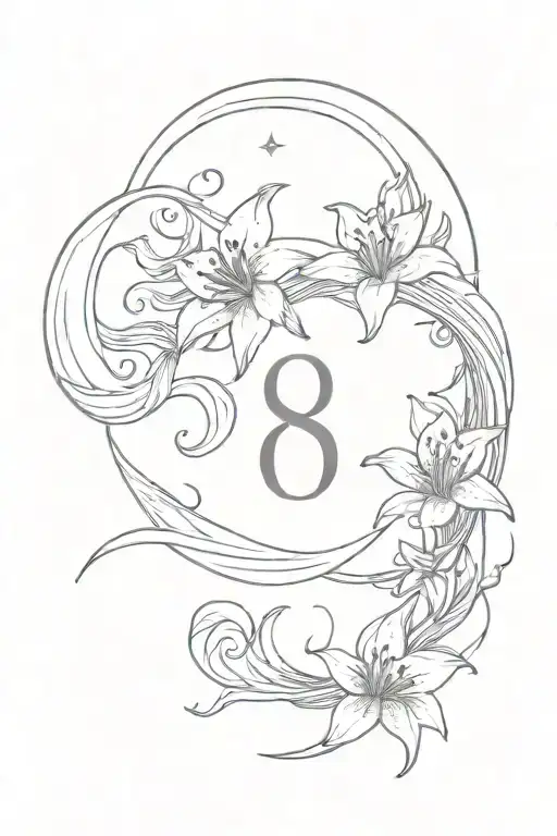 wave, number 8, a libra symbol, moon, and a lily flower tattoo design idea