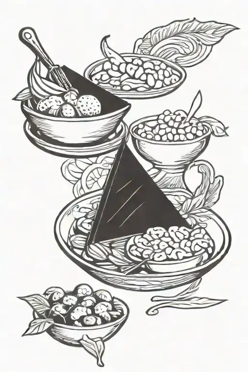A blackwork tattoo of a stylized plate of food with titties incorporated into the design tattoo design idea