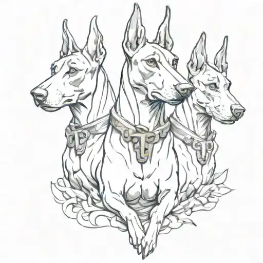 three headed doberman dog sat behind medusa greek mythology tattoo design idea