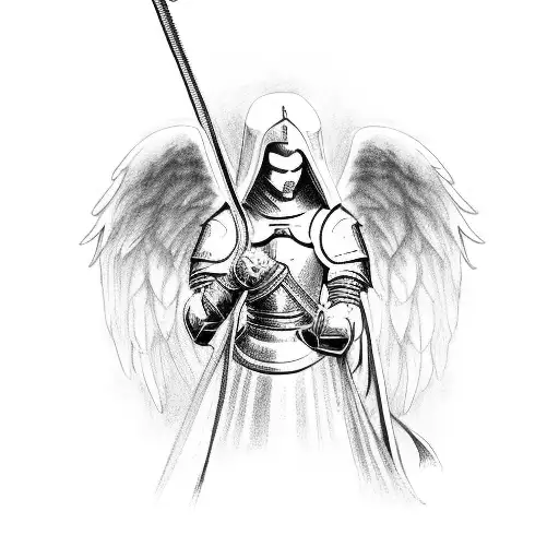 Angel with knight armor and sword tattoo design idea