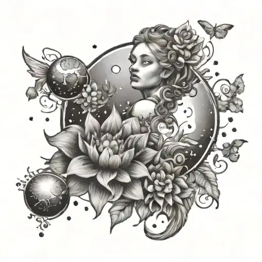 A detailed composition of Venus surrounded by a cosmic garden of flowers and planets tattoo design idea