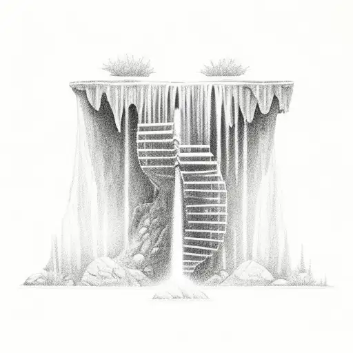 12 stairs with a waterfall scene at the top of the stairs tattoo design idea