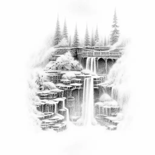 twelve stairs with a waterfall scene at the top of the stairs tattoo design idea