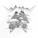 tree sleeve with a bike, elder brother in mandarin, and a design of a Zia and some mountains built into the lower arm tattoo design idea