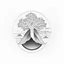 tree sleeve with a bike, elder brother in mandarin, and a design of a Zia and some mountains built into the lower arm tattoo design idea