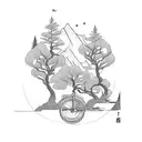 tree sleeve with a bike, elder brother in mandarin, and a design of a Zia and some mountains built into the lower arm tattoo design idea