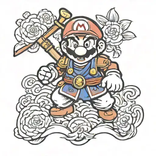 super Mario with samurai clothes and mask tattoo design idea