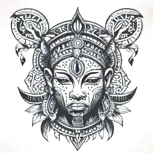 Ṣàngó surrounded by traditional African tribal patterns tattoo design idea