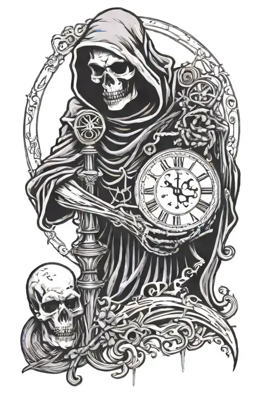 Grim reaper holding a clock and a heart  tattoo design idea