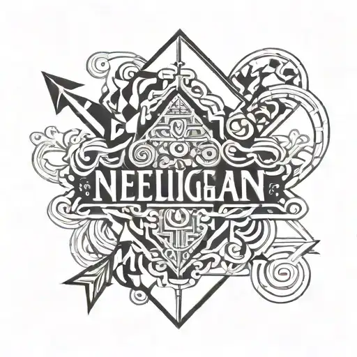 the word 'Nelligan' in a fancy font in white with a geometric black and white background tattoo design idea