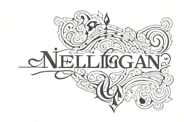 the word 'Nelligan' in a fancy font in white with a geometric black and white background tattoo design idea