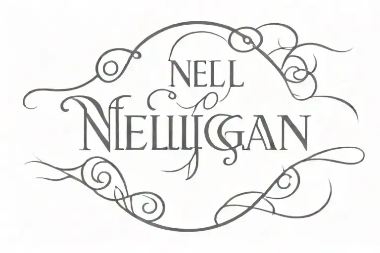 the word 'Nelligan' in a fancy font in white with a geometric black and white background tattoo design idea