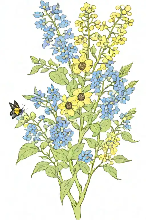 Vine with yellow jessamine, sunflower, and bluebonnet  tattoo design idea