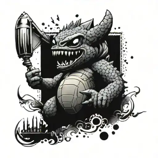 A mashup tattoo of Stitch and a famous movie monster like Godzilla or King Kong tattoo design idea