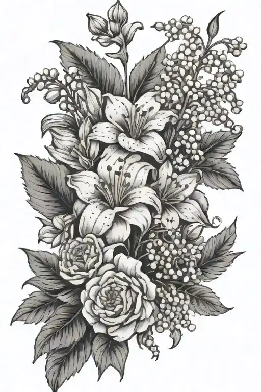 marigold and lily of the valley bouquet tattoo design idea