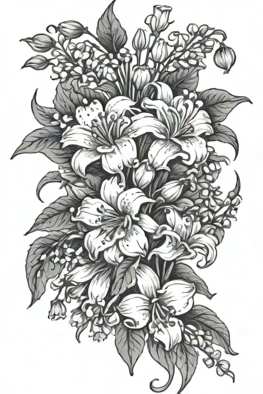 marigold and lily of the valley bouquet with stems to run down to wrist  tattoo design idea