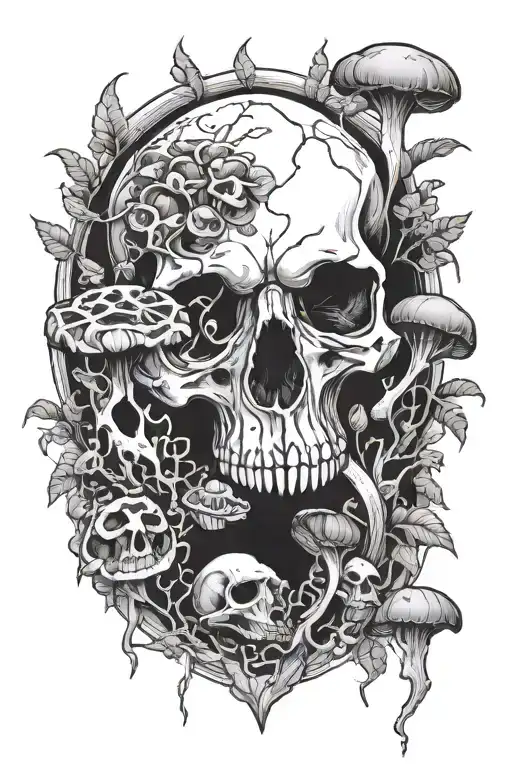 animal skull with mushrooms growing out of eye sockets tattoo design idea