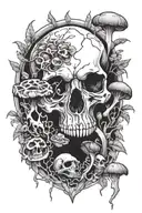 animal skull with mushrooms growing out of eye sockets tattoo design idea