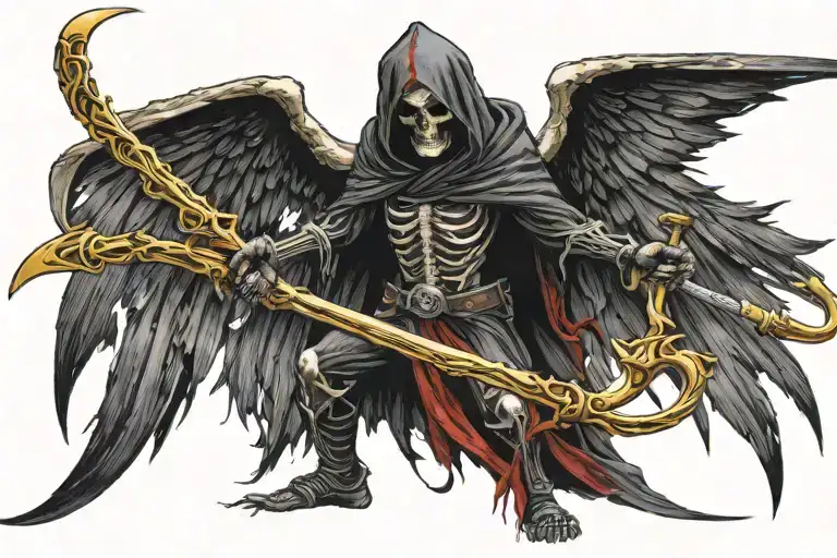 Grim reaper with gold and black wings duel wielding 2 black and red scythes tattoo design idea