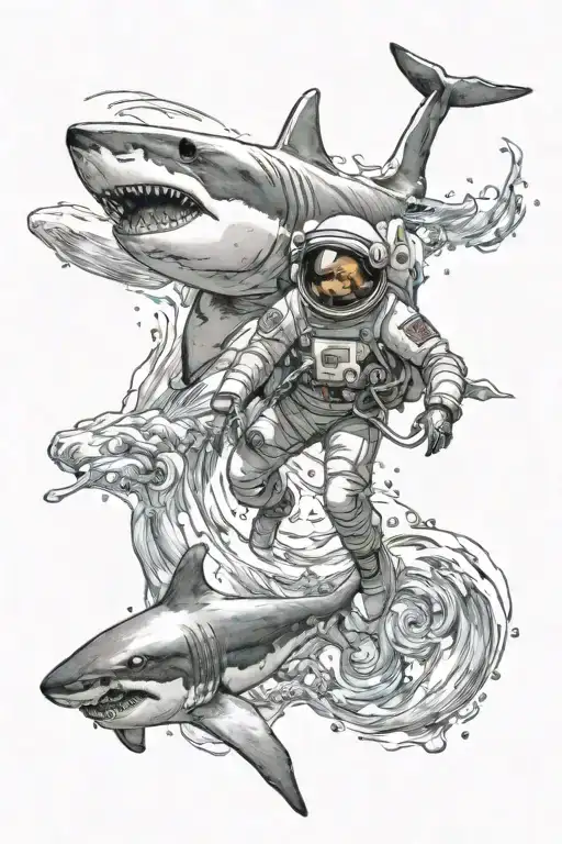 shark in water and astronaut floating in space tattoo design idea