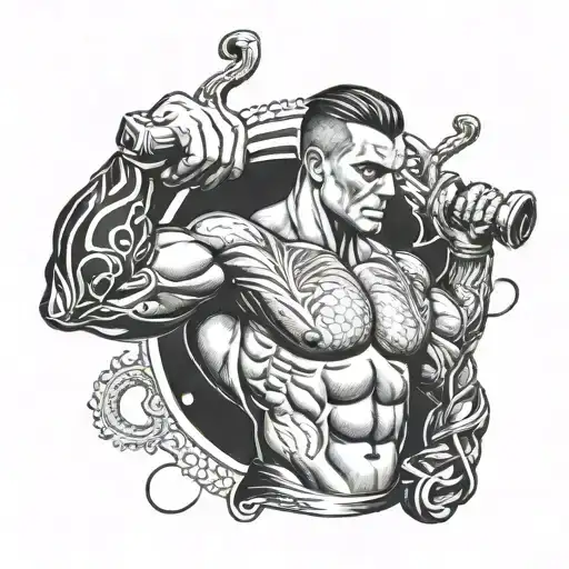 A tattoo design featuring a bodybuilder lifting weights with a snake wrapped around their arm, incorporating elements of dotwork for texture tattoo design idea