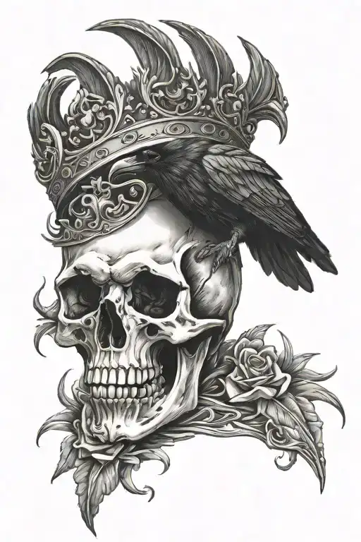 Black raven skull wearing a crown tattoo design idea